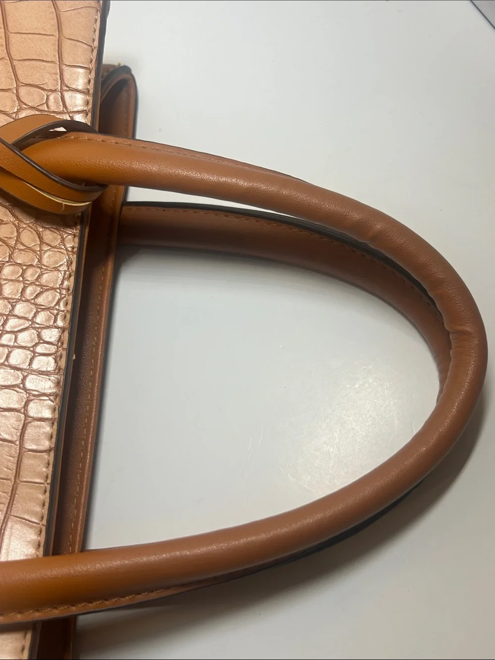 Adrienne Vittadini Tan Croc-Embossed Satchel with Cognac Trim